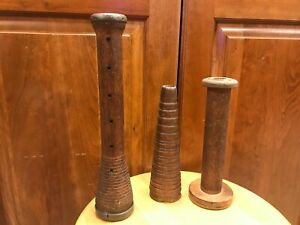 3 Antique Wooden Spools Metal Ends Holes 12 5 Cone Ribbed 8 Flat Ends 9 