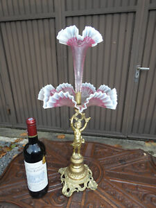 Antique French Bronze Putti Cherub Centerpiece Murano Pink Glass Milieu Table