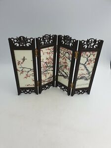 Chinese Hard Plastic Glass Small Table Screen 4 Fold Double Red Blossom Scenic