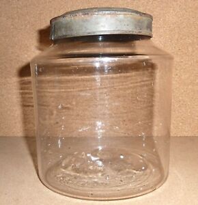 Antique Glass Hand Blown Storage Apothecary Store Jar With Tin Lid Cannister