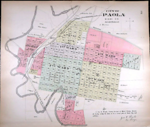 1887 Plat Map City Of Paola Kansas Miami County On Reverse 14x17 171