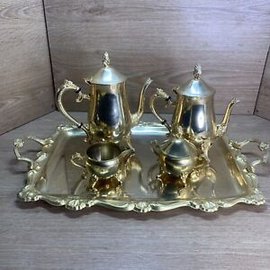 Gold Colored 4 Pc Tea And Coffee Serving Set Plus Serving Tray 