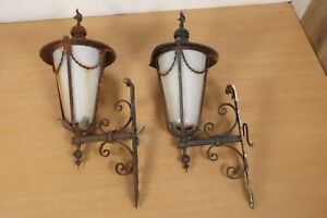Pair Of Antique Wrought Iron Opaque Glass Wall Lanterns Porch Lights 1930s 2 