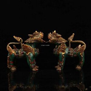 Pair 5 Tibetan Bronze Copper Inlay Turquoise Red Coral Beast Foo Dogs Lion