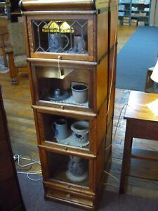 Antique Oak Bookcase Barrister Stacking 1 2 Size 17 Wide Leaded Glass 2