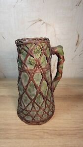 Antique Japanese Awaji Meiji Wire Bronze Basket Weave Pottery Vase Pitcher Rare 