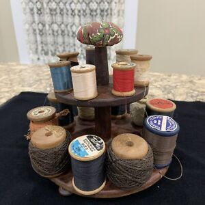 Antique Primitive Wooden 2 Tiered Thread Caddy Spools Threads Top Pin Cushion