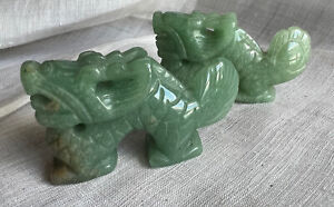 Vtg Chinese Green Jade Carved Pair Foo Dragon Fish Pendant Figurines Graduation