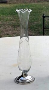 Empire Engraved Crystal Flower Vase W Sterling Silver Base 50s