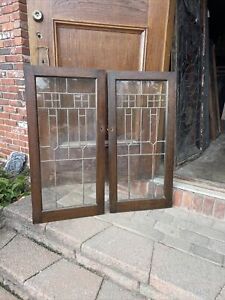 Sg4502 Pair Antiques Leaded Glass Cabinet Doors 39 X 40