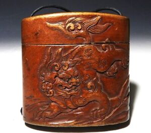 Japan Antique Edo Shishi Leo Peony Tobacco Case Box Inro Ojime Sagemono Netsuke
