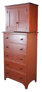 David T Smith Early American Painted Poplar Red Chest Of Drawers Dresser Wardobe