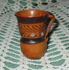 Rare Early Antique Handthrown Miniature Redware Pitcher Slip Decorated