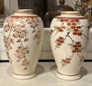 Pr Antique Hand Painted Japanese Satsuma Vases Maple Cherry Blossoms Signed