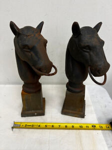 Vintage Pair Antique Cast Iron Horse Heads Hitching Post Tie Down Fence Top