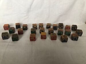 Small 1 Inch Antique Wood Toy Number Letter Blocks Original Red Paint Lot Of 25