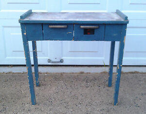Vintage Deco Style 2 Drawer Medical Table Original Blue Paint W Stainless Top 