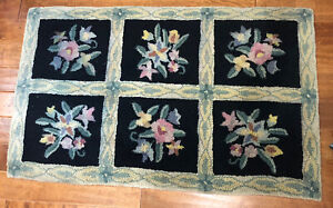 Vintage Hand Hooked Wool Rug 34x56 Floral With Black