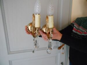 Pair Of Vintage French Brass Wall Light Sconces Prisms