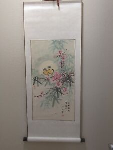 Chinese Hand Painted Scroll Singed Blue And Yellow Birds With Cherry Blossoms
