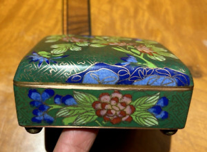 Antique Chinese Green Cloisonn Multicolored Flowers Box Footed Beautiful Design