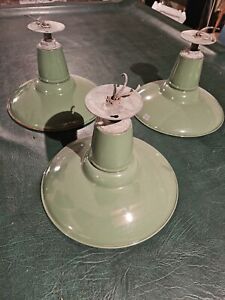3 Original Vintage Green Industrial Porcelain Enamel Factory Lights 14 Diameter