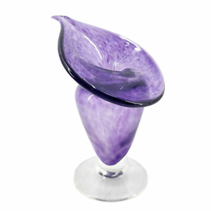 Vintage Hand Blown Mottled Purple Clear Art Glass Jack In The Pulpit Flower Vase