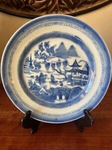 Chinoiserie Blue And White Blue Canton 7 3 4 Dish Plate Wall Early 1900 S