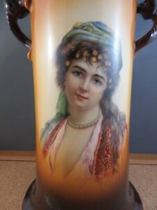 Antique Warwick Ioga Portrait Vase A 17 Double Handle Brunette Lady Woman 10 5 