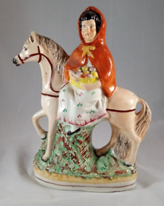 19th C Staffordshire Pottery Figurine Sidesaddle Girl Red Riding Hood On Horse
