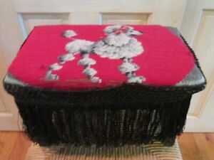 Vintage Red Needlepoint Gray French Poodle On Petite Black Wooden Foot Stool Sa