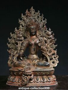 10 2 Old Tibet Bronze Gilt Buddhism Sit Lotus Green Tara Goddess Buddha Statue