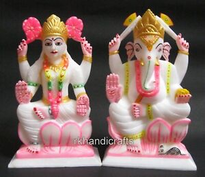 9 Inches Marble Bappa Idol Hand Painted Work Lord Ganesha Ji Maa Laxmi Ji Statue
