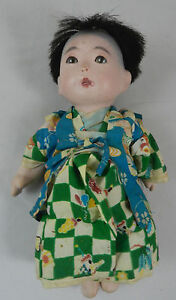 Vintage Japanese Gofun Baby Boy Doll In Kimono