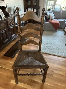 4 High Ladderback Chairs Dining Vintage Hand Turned Solid Wood Woven Seat