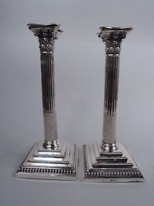 Victorian Candlesticks Classical Column English Sterling Silver Hutton 1889