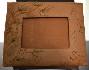 Old Handmade Sewn Fabric Nature Theme Pine Crest Picture Frame