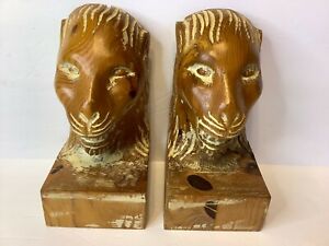 Wood Hand Carved Vintage Lion Head Bookends By Sarreid Ltd Of Spain Rustic Decor