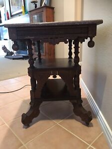 Antique Victorian Carved Walnut Marble Top Parlor Center Table