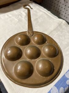 Antique Hand Wrought Long Handle Scandinavian Copper Tin Wash Aebleskiver Pan