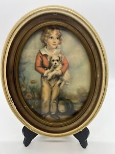 Vintage Boy With White Dog Framed Pictures Gold Oval Frame 8 5 X 7 French Italy