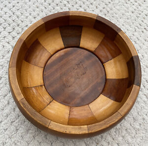 Vintage Chequerboard Wooden Bowl Blocks Mixed Wood 17cm