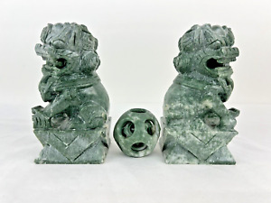 Hand Carved Green Marble Chinese Foo Dog Pair And 3 Layers Magic Puzzle Ball