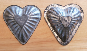 Antique 2 Tin Heart Tart Candy Molds Old Dark Patina Farm House 3