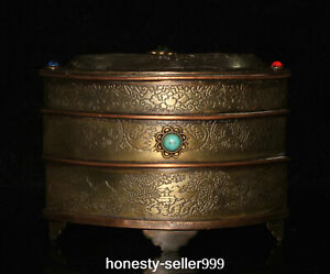 Old Dynasty White Copper Inlay Gems Flower Fan Shape Incense Burner Censer Box