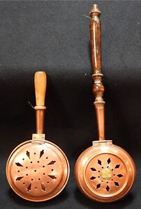 Lot Of 2 Antique Copper Bed Warmer Pans Garanti Villedieu France Wood Handles