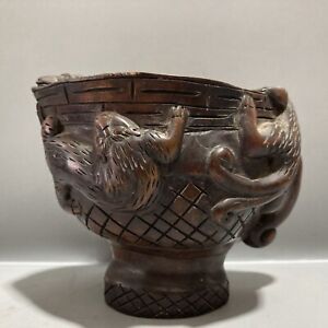 Asian Antiques China Carved Wood Statue Wooden Cup Ornament Collection Wine Pot