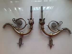 Pair Of Antique Ornate Brass Gas Lamp Sconces 
