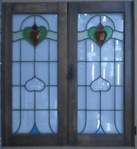 Pair Of Old English Cabinet Stained Glass Windows Hearts 15 1 4 X 33 Each Door
