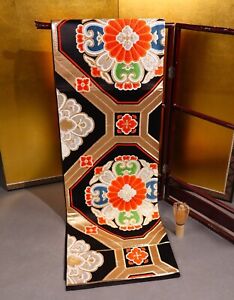 Vintage Japanese Kimono Silk Belt Fukuro Obi Handmade Colorful Flowers Pattern
